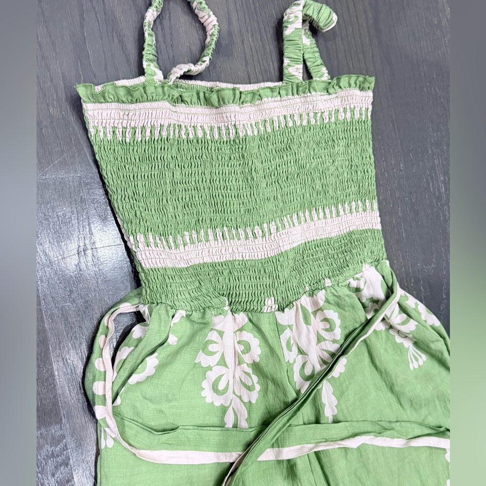 Women’s Green Strapless Wide-Leg Jumpsuit with White Embroidery - Picture 3 of 4